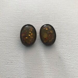 Vintage Oval Faux Amber Antique Gold Tone Clip Earrings